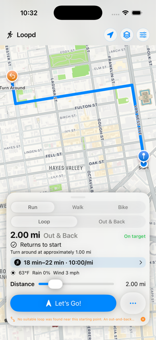 Loopd generating a 2-mile out-and-back running route on a San Francisco map, with pace, distance, and weather shown